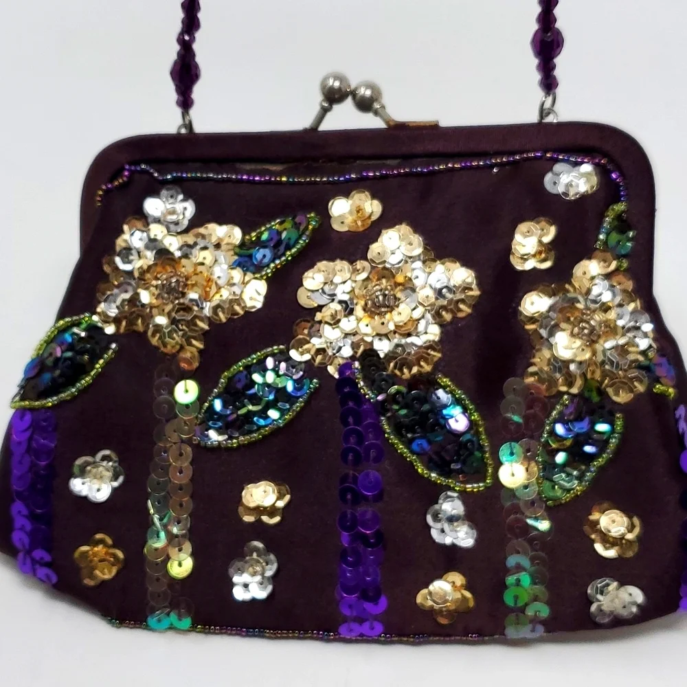 Beautiful Embellished Sequined & Beaded Handbag Clutch Peacock Colors Snap Close